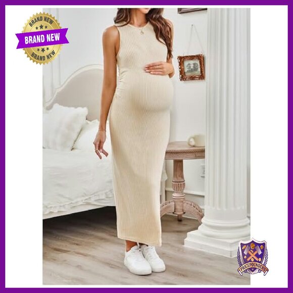 Maternity Maxi Dress Sleeveless Bodycon Tank Crew Neck Stretch Fabric - Picture 4 of 7